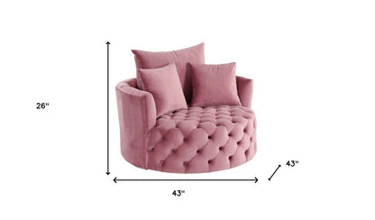 Chaise pivotante capitonnée en velours rose de 43 po et coussins décoratifs