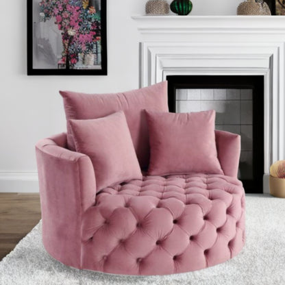 Chaise pivotante capitonnée en velours rose de 43 po et coussins décoratifs