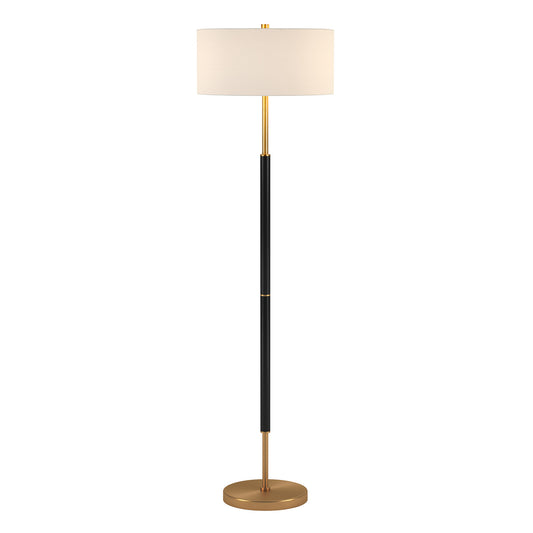 61" Black and Brass Two Light Floor Lamp With White Drum Shade