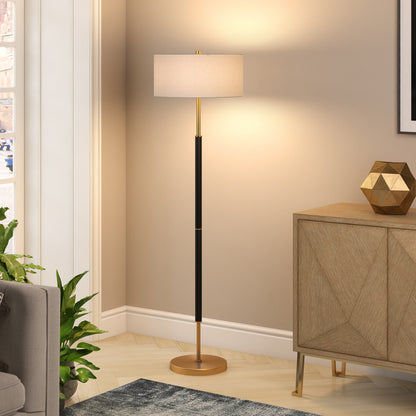 61" Black and Brass Two Light Floor Lamp With White Drum Shade