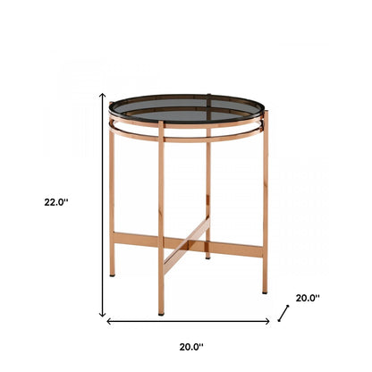 Table d'appoint ronde en verre fumé et or rose de 22 po