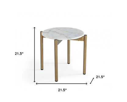 Table d'appoint ronde en marbre doré et blanc de 22 po