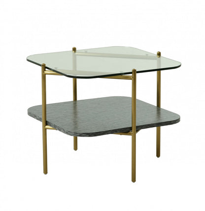 Table d'appoint carrée en verre et métal doré et transparent de 20 po avec étagère