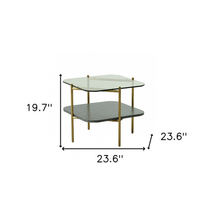 Table d'appoint carrée en verre et métal doré et transparent de 20 po avec étagère