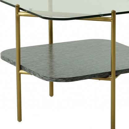 Table d'appoint carrée en verre et métal doré et transparent de 20 po avec étagère