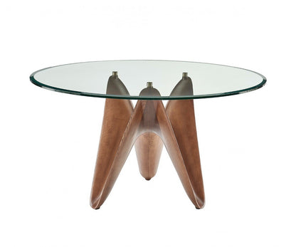 Table à manger de 59 po avec piédestal en verre arrondi transparent et brun et en bois massif manufacturé