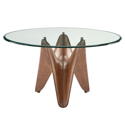 Table à manger de 59 po avec piédestal en verre arrondi transparent et brun et en bois massif manufacturé