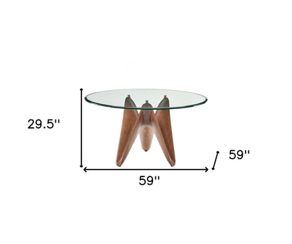 Table à manger de 59 po avec piédestal en verre arrondi transparent et brun et en bois massif manufacturé