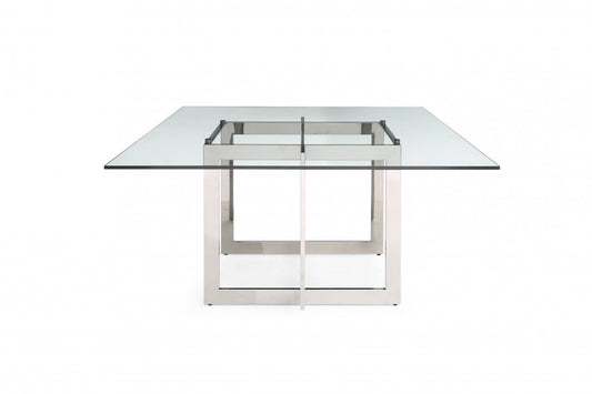 59" Clear And Gunmetal Square Glass And Stainless Steel Pedestal Base Dining Table