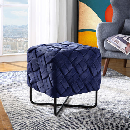 17" Navy Blue Velvet And Black Cube Ottoman