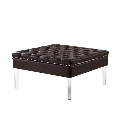 35" Espresso Faux Leather And Clear Cocktail Ottoman