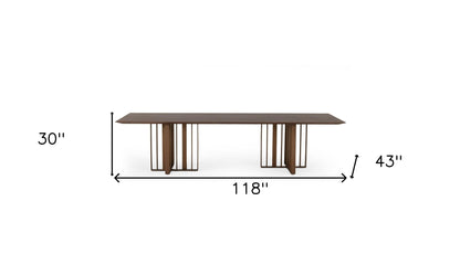 Table à manger à double piédestal en acier inoxydable marron et laiton de 118 po