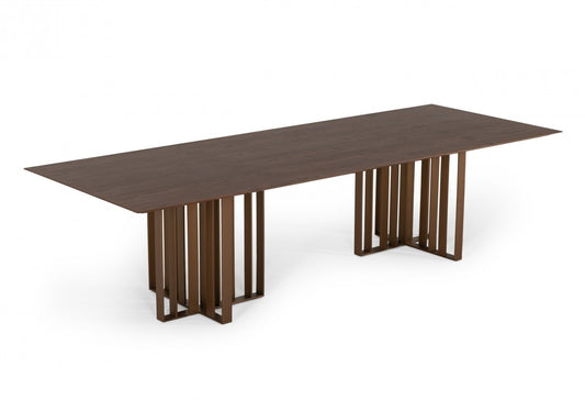 Table à manger à double piédestal en acier inoxydable marron et laiton de 118 po