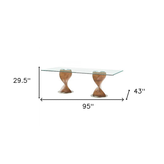 95" Clear And Brown Glass And Solid Wood Double Pedestal Base Dining Table