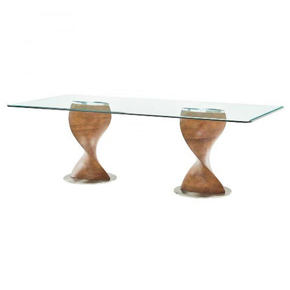 95" Clear And Brown Glass And Solid Wood Double Pedestal Base Dining Table