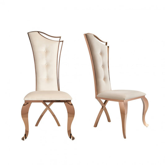 Ensemble de deux chaises de salle à manger capitonnées en velours beige et or rose