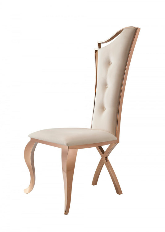 Ensemble de deux chaises de salle à manger capitonnées en velours beige et or rose