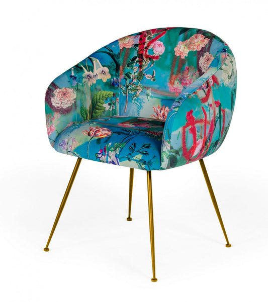 Chaise de salle à manger en velours à motif floral bleu vert et doré