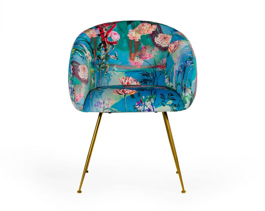 Chaise de salle à manger en velours à motif floral bleu vert et doré