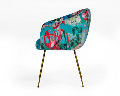 Chaise de salle à manger en velours à motif floral bleu vert et doré