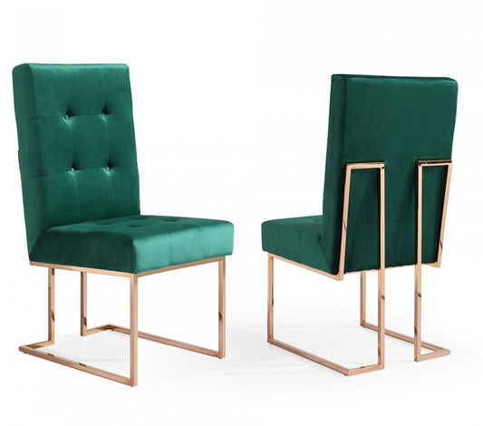 Ensemble de deux chaises de salle à manger capitonnées en velours vert et or rose