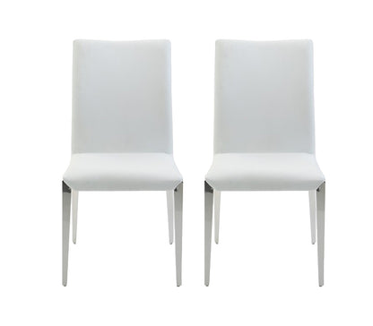 Ensemble de deux chaises de salle à manger rembourrées en similicuir blanc et argent