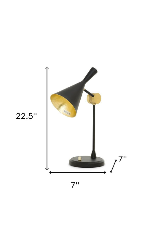 Lot de deux lampes de table géométriques en métal noir de 23 pouces avec abat-jour conique noir et doré