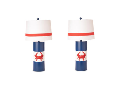 Ensemble de deux lampes de table côtières rouges, blanches et bleues de 31 po avec abat-jour empire blanc