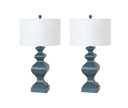 Set Of Two 31" Distressed Teal Table Lamps With White Drum Shade