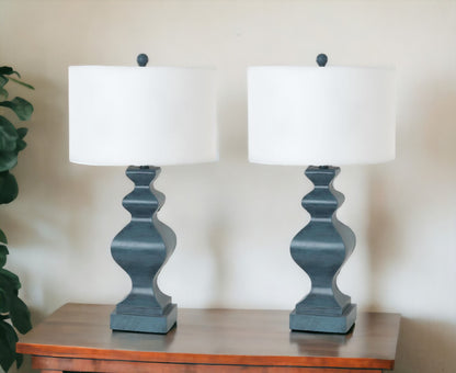 Set Of Two 31" Distressed Teal Table Lamps With White Drum Shade