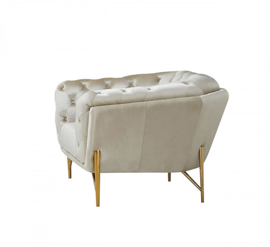 Fauteuil capitonné en velours beige et doré de 49 po