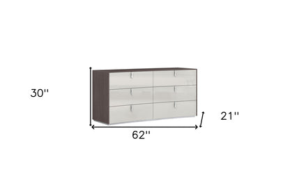 Commode double grise à six tiroirs de 62 po