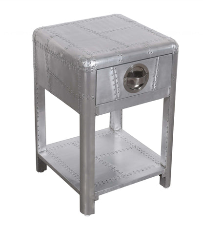 Table d'appoint carrée en aluminium argenté de 24 po avec tiroir et étagère