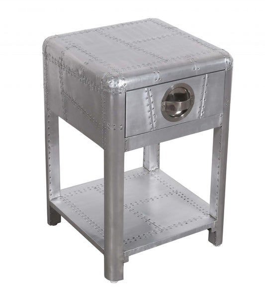 Table d'appoint carrée en aluminium argenté de 24 po avec tiroir et étagère