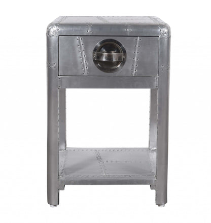 Table d'appoint carrée en aluminium argenté de 24 po avec tiroir et étagère