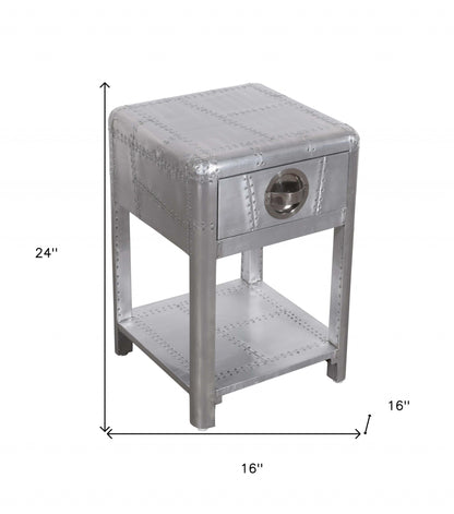 Table d'appoint carrée en aluminium argenté de 24 po avec tiroir et étagère