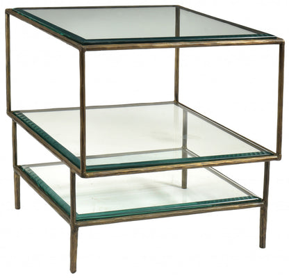 Table d'appoint carrée en bronze, verre transparent et fer de 20 po avec deux étagères