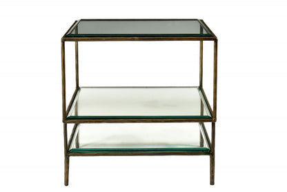 Table d'appoint carrée en bronze, verre transparent et fer de 20 po avec deux étagères