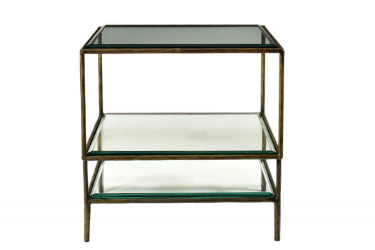 Table d'appoint carrée en bronze, verre transparent et fer de 20 po avec deux étagères