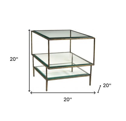 Table d'appoint carrée en bronze, verre transparent et fer de 20 po avec deux étagères