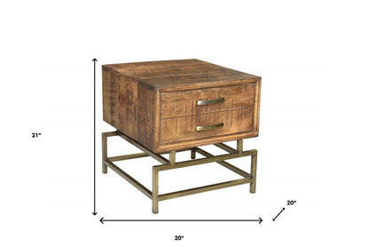 Table d'appoint carrée en laiton et bois massif marron et fer de 21 po avec tiroir