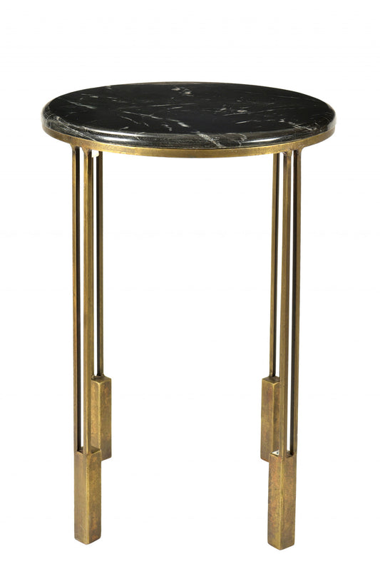 Table d'appoint ronde en marbre doré et noir et fer de 23 po