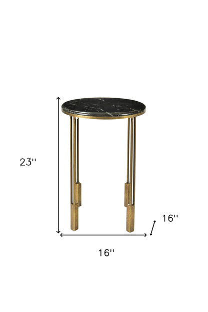 Table d'appoint ronde en marbre doré et noir et fer de 23 po