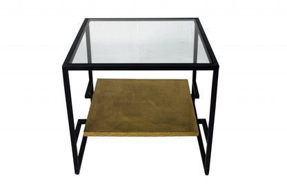 Table d'appoint carrée en bronze et verre transparent de 22 po avec étagère