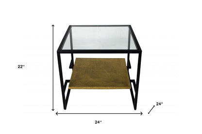 Table d'appoint carrée en bronze et verre transparent de 22 po avec étagère