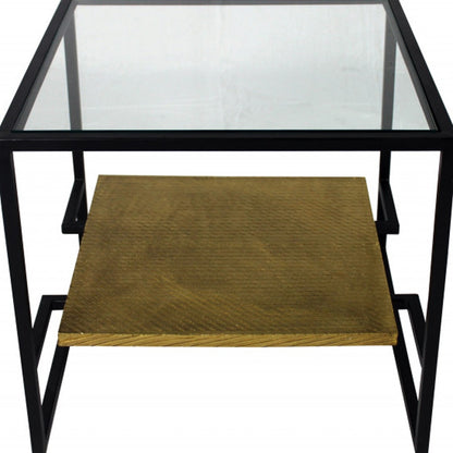 Table d'appoint carrée en bronze et verre transparent de 22 po avec étagère