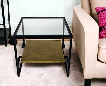 Table d'appoint carrée en bronze et verre transparent de 22 po avec étagère