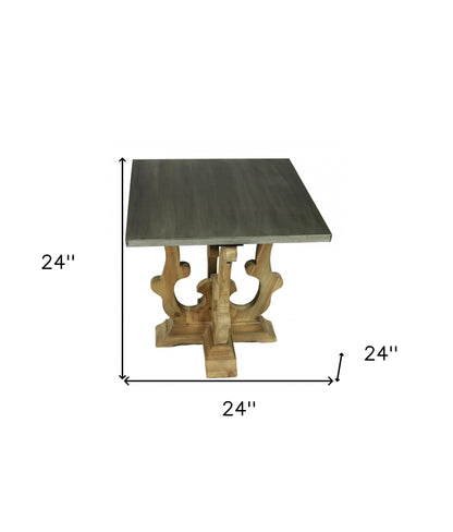 Table d'appoint carrée en métal et bois massif brun naturel et gris de 24 po