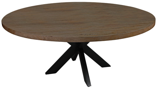 60" Natural And Black Rounded Solid Wood And Iron Pedestal Base Dining Table