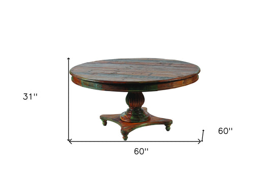 60" Brown Rounded Solid Wood Pedestal Base Dining Table